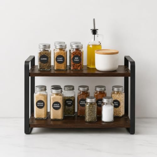 Image of FireBees Kitchen Organizer Rack | 2 Tier Metal Wooden Kitchen Shelf Organisers & Shelf Riser for Counter Top | Wooden Kitchen Storage Stand | Rack for Spice Bottles, Jars, Seasonings 33 x 16 x 25 cm