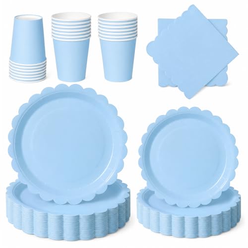PYAILI Juego de cubertería azul claro, total de 96 piezas: incluye platos, vasos de papel y servilletas, ideal para fiestas de cumpleaños, banquetes y otros eventos-24 Invités
