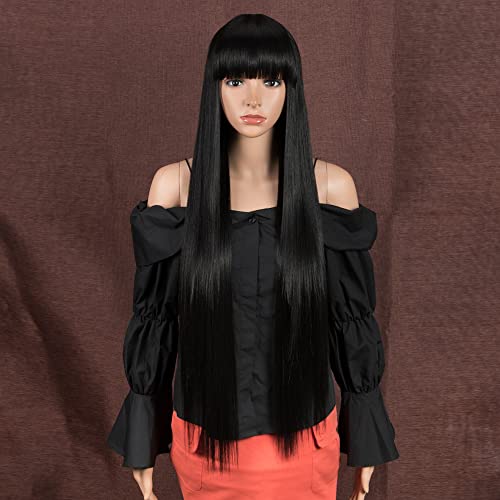 Style Icon Pelucas con flequillo plano 35 pulgadas súper largas sedosas rectas naturales pelucas de cabello negro para las mujeres suave reemplazo de cabello sintético peluca Cover