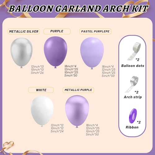 Image of 412Pcs Purple Balloon Garland Arch Kit,18 12 10 5 Inch Different Size Lavender Latex Metallic Silver Balloons for Butterfly Birthday Girls Women Wedding Birthday Baby Shower Party Decorations