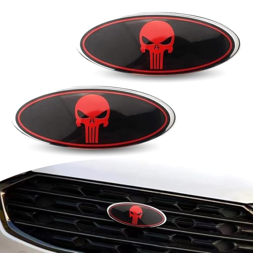 Image of 2 PCS Ford Front Grille Decoration Label, 9 inch x 3.5 inch Waterproof Rust-Proof Grille Hood Badge, Personalized Skull Self-Adhesive Nameplate, Compatible with Ford F150 F250 (Black & Red)