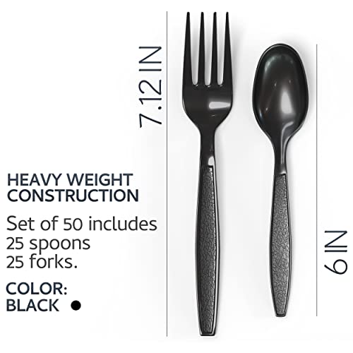 50 Pack Plastic Forks And Spoons, Plastic Silverware Heavy Duty, Plastic Cutlery Set, Plastic Utensils For Party, Disposable Silverware, Plastic Spoons And Forks, Black #TOP1
