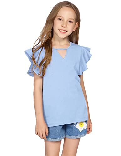 Greatchy Children Clothes Girls Short Sleeve Tops Blouses T-Shirt Plain Shirts Casual Tee Size 7-8 Light Blue #TOP1