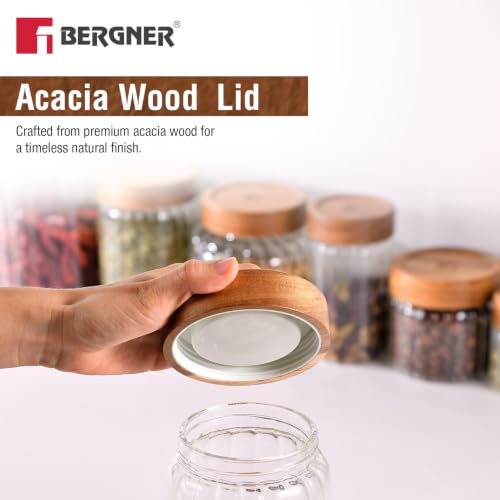 Image of Bergner Acadia Borosiliate Glass Jar (1250ml), Stripe Design, Multipurpose Transparent Jar, Airtight Lid, Food Storage Container for Kitchen, For Storing Sugar, Flour, Tea, Coffee, Spices, Cereals etc