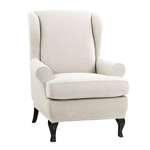 CHUN YI 2-Piece Rhombus Jacquard Wing Chair Cover, Dimond Wing Back Wingback Armchair Chair Slipcovers Furniture Protector (Sand-1)