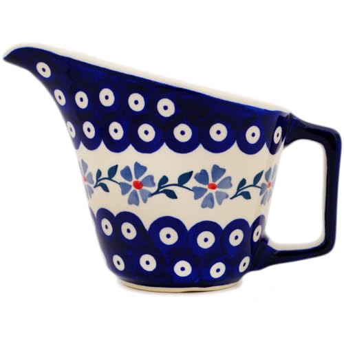 Authentic Polish Pottery Gravy Boat in Peacock Forget-Me-Not Design Handmade in Boles?awiec Poland + Certificate of Authenticity