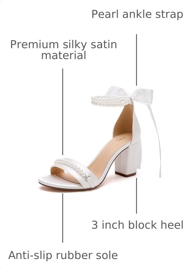 Image of Block Heel Wedding Sandals Pearl Wedding Shoes for Bride Open Toe Bridal Shoes Chunky Heel Sandals