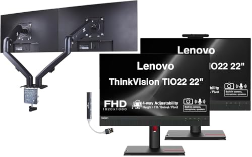 Image of Lenovo ThinkVision TIO22 22 inch FHD IPS Conferencing Monitor - 2 Pack | 4ms Response Time,Anti-Glare VESA Mount (100mm),Adjustable Height,Tilt,Swivel,Pivot,HDMI w /DKZ Hub & ErgoFlexy Dual Mount Arm