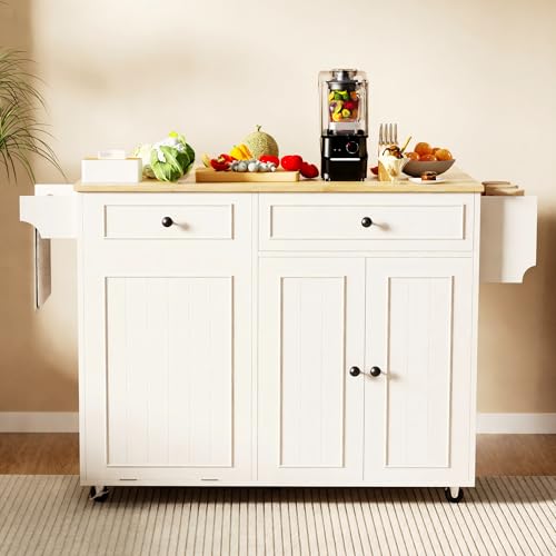 MEETFAV Modern Kitchen Island Cart with Power Outlet & Drop Leaf, Rolling Storage Island Table with Concealed Trash Bin Holder, Mobile Breakfast Bar with Drawer, Adjustable Shelf and Spice Rack - image 9