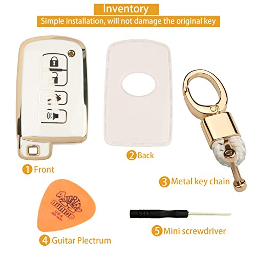 Ft-Bh For Toyota Key Fob Cover, Soft Tpu, Gold Keychains, For Tacoma Highlander Corolla Sequoia Camry Tundra Avalon Rav4 4Runner Smart Remote Key Holder (White) #TOP6