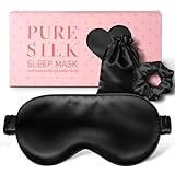LitBear Schlafmaske Seide für Seitenschläfer, 100% 22 Momme 6A Maulbeerseide Füllung & Stoff, Lichtblockierende Schlafbrille für Frauen & Herren, Mit Reisetasche & Haargummi, Schwarz