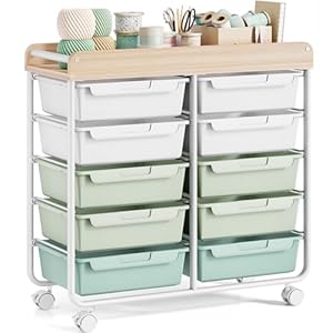 Rolling Storage Cart with 10 Large Drawers, Utility Cart with Wooden TableTop for Craft Organizers, Art Supply Storage, Home Office Organization, Cart with Wheels for Classroom, School, Green