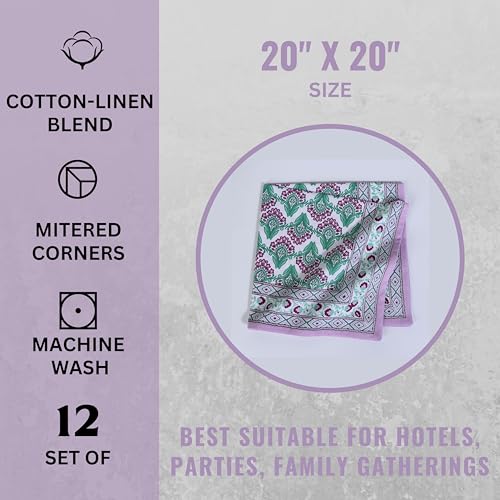 Image of FINGERCRAFT Printed Cloth Napkins Cotton Linen Blend Dinner Table Napkins Perfect for Parties Dinners Weddings Cocktail Christmas Napkins 20x20 Inches (Border Design Orchid)