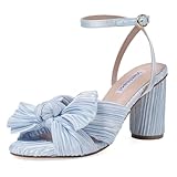 VIMISAOI Women's Bow Knot Heeled Sandals Open Toe High Block Chunky Heels Ankle Buckle Strap Pleated Bride Wedding Party Dress Shoes