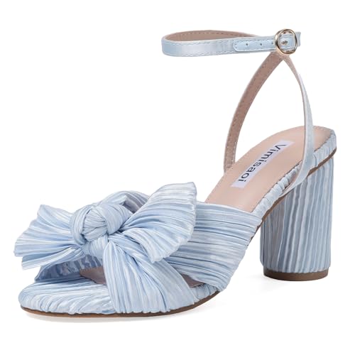 VIMISAOI Womens Bow Knot Blue Heels for Women Open Toe High Block Chunky Heels Ankle Buckle Strap Pleated Bride Wedding Party Dress Heeled Sandals for Women 2026