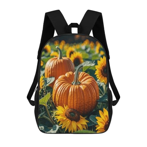 17 Inch Backpack Fall Pumpkin Sunflower Print Travel Dayback Shoulder Back Pack Carry On Backpack with Adjustable Shoulder Straps