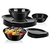 DANMERS 12-Piece Dinnerware Set Black Kitchen Dinner Set Service for 4, Square Glass Plates Bowls Set Crack Resistant
