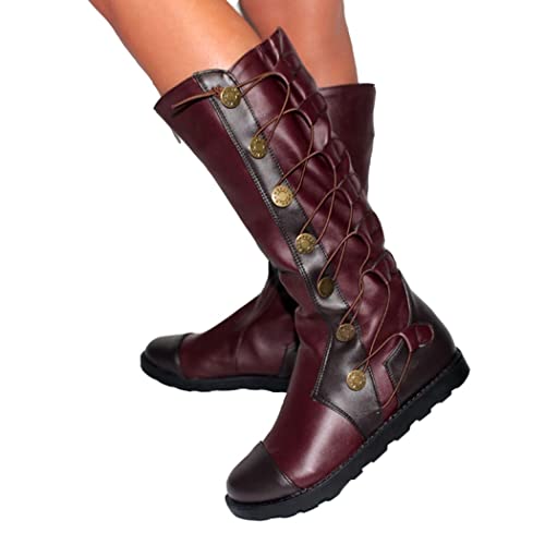 Bottes De Chevalier Mi-Mollet en Cuir pour Femmes Médiévales - Chaussures À Boucle Plate Rétro À Lacets Décontractées Bottes Longues À La Mode Bottes Hautes À Bout Rond Plissé,Marron,37 Cover