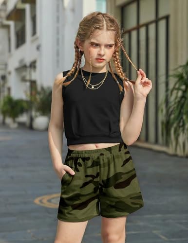 Image of Arshiner Girls 2 Piece Short Sets Sleeveless Tops and Shorts with Pockets | Round Neck Waist Elastic Sport Clothing Outfits Perfect for Spring Summer