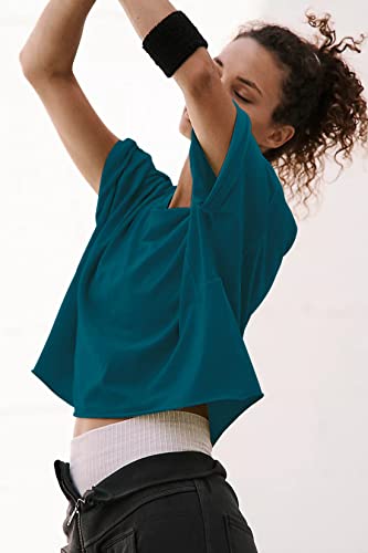 Image of HUGOOME Womens Oversized Workout Crop Top Casual Short Sleeve Boxy Roll Hem | Basic Half Split Sleeve Drop Shoulder Loose Yoga Running Gym Tee Cropped T-shirt Solid Trendy Relaxed Daily Tee