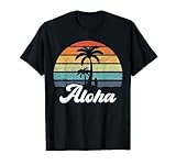 Aloha Hawaii Isla hawaiana, palmeras y tabla de surf, puesta de sol, colorido diseño retro vintage para los amantes de Hawaii.