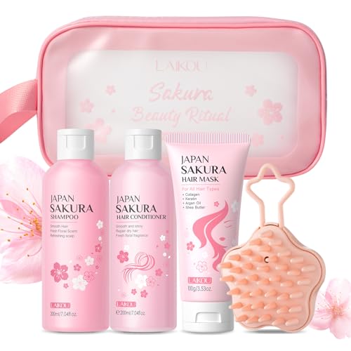 LAIKOU Sakura Set Cuidado Capilar Mujer, con Champú y Acondicionador, Mascarilla Capilar, Scalp Massager, Toiletry Bag, Kit de Cuidado Capilar para un Cabello Saludable
