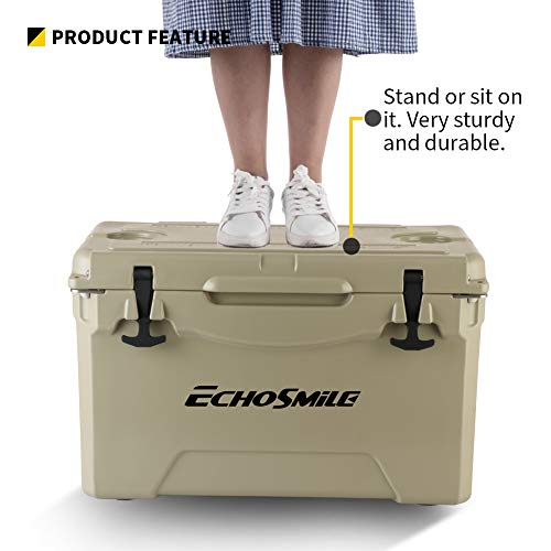 Echosmile 35 Quart Rotomolded Cooler, 5 Days Protale Ice Cooler, Tan Ice Chest With Built-In Bottle Openers, Cup Holders, And Fish Ruler, Suit For Bbq, Camping, Pincnic, And Other Outdoor Activities #TOP2