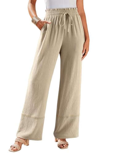 Dokotoo Womens Fall Boho 2025 Casual Wid Leg Lace Pants High Waisted Drawstrings with Pockets