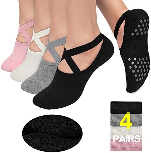 Pilates Socks Yoga Socks with Grips for Women Non-Slip Grip Socks for Pure Barre, Ballet, Dance, Workout, Hospital,4 Pairs Assorted,S-M