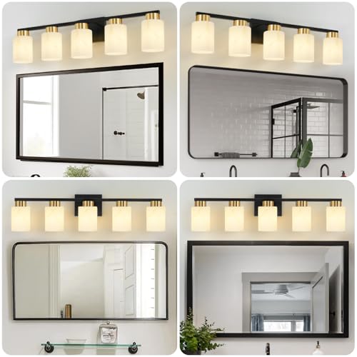 Image of 5-Light Bathroom Light Fixtures, Modern Vanity Lights, Black and Gold Metal Wall Lamp with White Marble Glass for Bathroom, Mirror, Living Room, Bedroom, Cabinet, Porch, Hallway, E26 Base