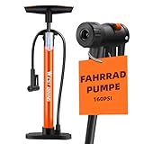 Fahrradpumpe Luftpumpe Fahrrad für alle Ventile - 11 Bar / 160 Psi Standluftpumpe - Standpumpe für Rennrad, E-Bike, Mountainbike - Fahrrad Pumpe für Französische Ventile und Adapter (Orange-New)
