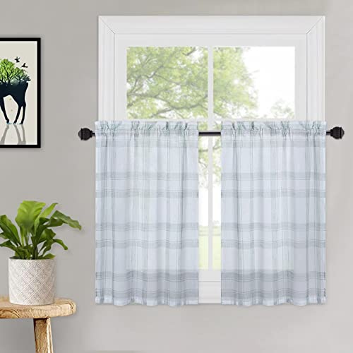 LuxFocus Rideau de Cuisine Semi-Transparent Style Ferme à Carreaux Vert Rideau Fil Teinté Kit de Traitement de Fenêtre pour Demi-Rideau de Fenêtre 69x61cm 2 Panneaux Cover