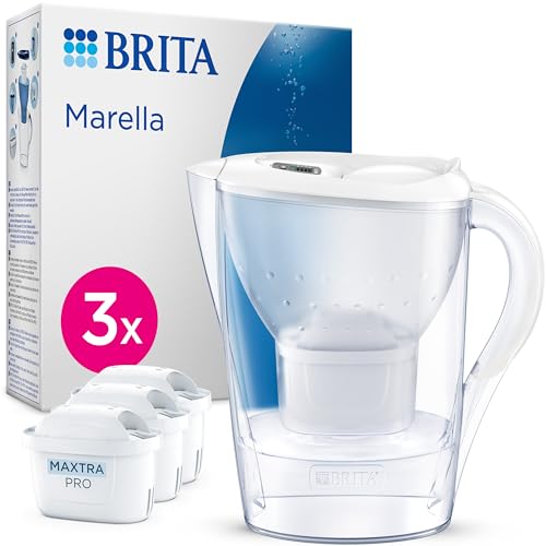 BRITA Wasserfilter-Kanne Marella weiß (2,4l) inkl. 3x MAXTRA PRO All-in-1 Kartuschen – Kanne mit Wasserfilter reduziert Kalk, Chlor, Blei, Kupfer & geschmacksstörende Stoffe im Leitungswasser