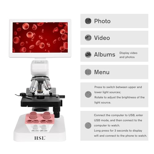 Image of HSL Dual LED light digital microscope with screen,2MP Camera Biological Microscope for Adults Lab,HD 7 inch LCD Kids Microscopes Set for Student Science Double Layer Mechanical Stage 8GB SD Card 1600X