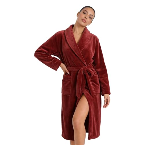 HEARTNICE Womens Fleece Robes, Soft Plush Long Bathrobe, Thick Kimono Robes for Womens, Warm House Coat (Wine, S/M)