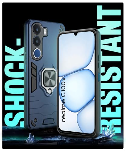 Image of WOW IMAGINE Shock Proof Back Case Mobile Cover for Realme C100x | Back Cover Case (Tough Armor | Hybrid PC + TPU | Ring Holder & in-Built Kickstand | Blue)