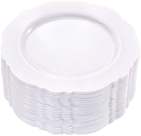 WDF 60pcs White Plastic Plates -7.5inch Baroque White Disposable Dessert/Salad Plates for Upscale Parties &Wedding