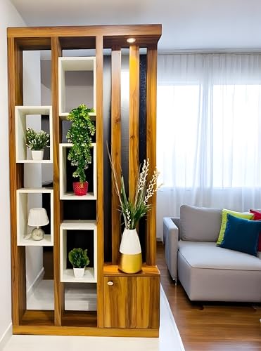 Image of Australian Handicrafts 72x36 Inch Sagwan Wood Partition Wooden Room Divider with White Display Shelves & Storage Cabinet Living Room & Dining Room Home Decor Separator Partition Rack (No Lights)