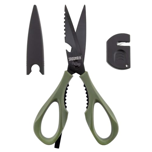 SADOMAIN Kitchen Scissors All Purpose, Extra Sharp Kitchen Shears with Knife Sharpener & Sheath, Solid & Durable Stainless Steel Scissors with ANTI-RUST Black Titanium Plated, Dishwasher Safe - Green