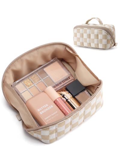 Image of BAGSMART Small Makeup Bag for Women, Mini Toiletry Bag, Checkered Khaki