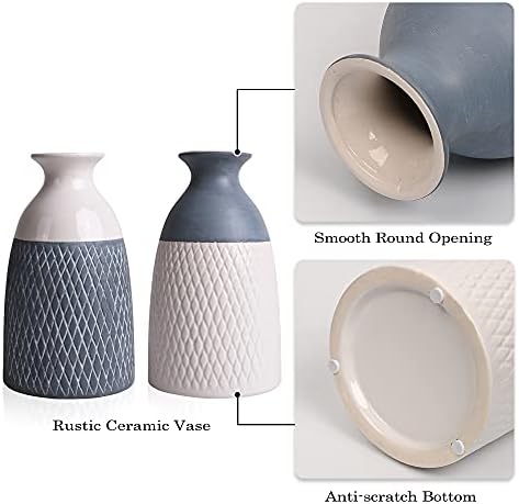 TERESA'S COLLECTIONS Grey White Vase for Flowers, Set of 2 Decorative Ceramic Scandi Vase, Farmhouse Rustic Vases for Living Room, Bedroom and Mantel, 20cm Tall