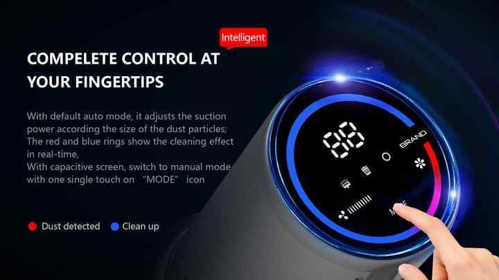 Close-up of ABIR VC205 vacuum cleaner's smart touch screen display