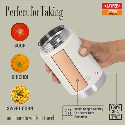 Image of Jaypee Plus Nutri Jar Stainless Steel Vacuum Insulated Food Jar With Bag & Spoon|Hot And Cold Thermal Flask|Double Walled Scratch Resistant Ideal for Office, School, Gym & Travelling | 550 ml, Ivory