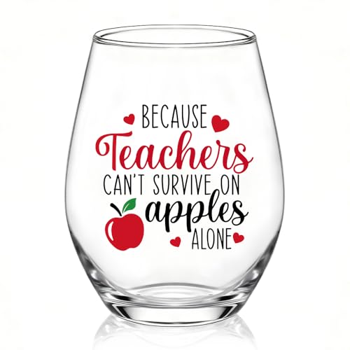 RZHV Because Teachers Can't Survive on Apples Alone Stemless Wine Glasses, Teacher Appreciation Graduation Red Wine Glasses for Teacher Coworker School Staff, Thanksgiving Day Cup Gifts for Educators