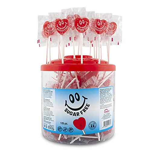Caramelos Cerdán - Piruletas Mini Corazón sin Azúcar Sabor Cereza | Tarro de 125 Unidades | Caramelo Duro con Palo sin Gluten ni Alérgenos | Ideal para San Valentín y Cumpleaños
