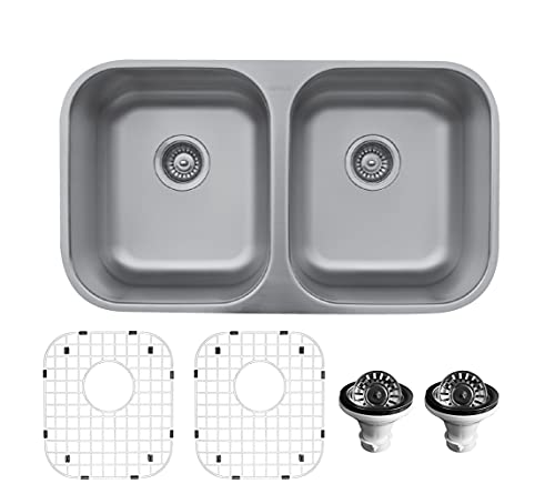 Karran U-5050-Pk1 Undermount Stainless Steel 32 In. 0-Hole 50/50 Double Bowl Kitchen Sink Kit #TOP19