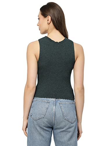 Image of Kalt Womens Knitted, Ribbed Cotton Fitted Sleeveless Round Neck Cami Tank Top