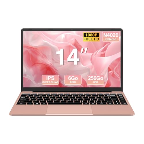 WOZIFAN Ordinateur Portable Win11 PC Portable 14' 256 Go SSD Celeron Up to 2.8Ghz Soutien Extension 1TB léger 1080 2.4G+5G WiFi Mini HDMI inclut Souris sans Fil&AZERTY Film pour Clavier - Oro Rose