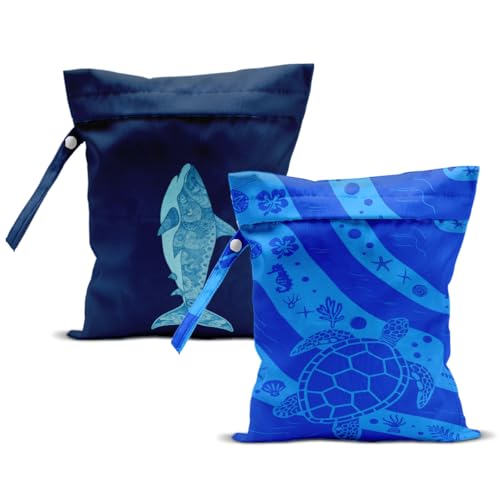 ZHAMEN 2Pcs Wet Bag, Wet Dry Bag Reusable with Zipper, Travel, Beach, Pool, Diapers, Dirty Yoga Gym Clothes, Makeup Bag, Waterproof Wetdry Packing, Whale Turtle Decore (12x10 Inch)