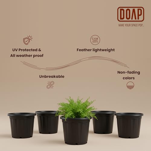 Image of DOAP UV Protected 12 Inch Plastic Garden Large Flower Pots, Terracotta Color, Pack of 7, Indoor & Outdoor Balcony Planter, 12x10 Inch Gamla, Weather Proof, Non-Fading, Lightweight (7, Black)